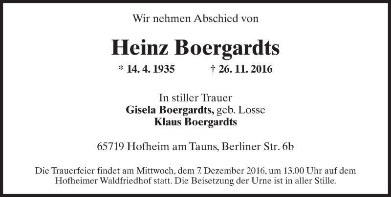  Traueranzeige für Heinz Boergardts vom 02.12.2016 aus Trauerportal Rhein Main Presse