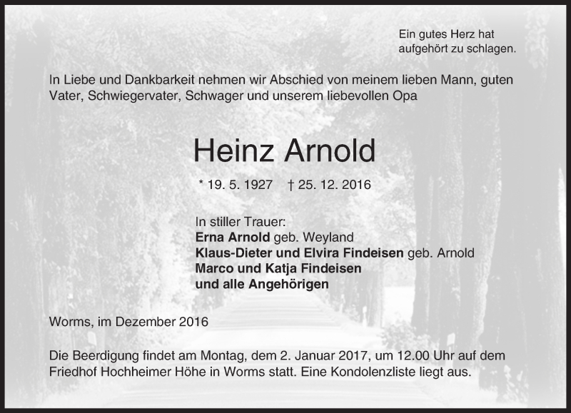  Traueranzeige für Heinz Arnold vom 31.12.2016 aus Trauerportal Rhein Main Presse