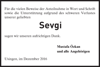 Traueranzeige von Sevgi  von  Usinger Anzeiger