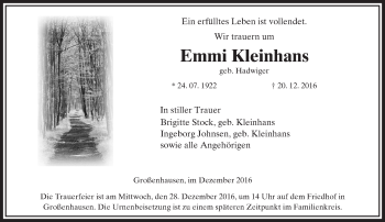 Traueranzeige von Emmi Kleinhans von  Gelnhäuser Tageblatt