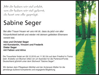 Traueranzeige von Sabine Seger von Trauerportal Echo Online