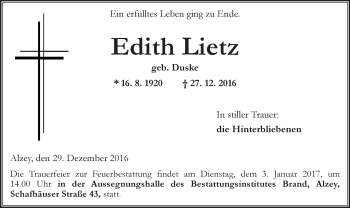 Traueranzeige von Edith Lietz von Trauerportal Rhein Main Presse