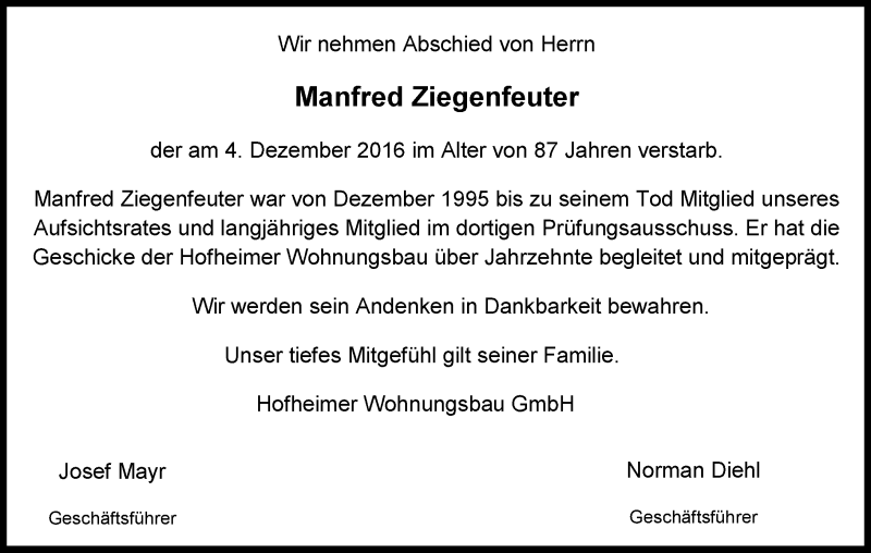  Traueranzeige für Manfred Ziegenfeuter vom 09.12.2016 aus Trauerportal Rhein Main Presse