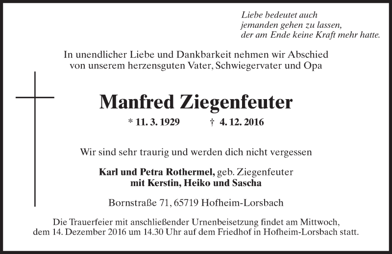  Traueranzeige für Manfred Ziegenfeuter vom 09.12.2016 aus Trauerportal Rhein Main Presse