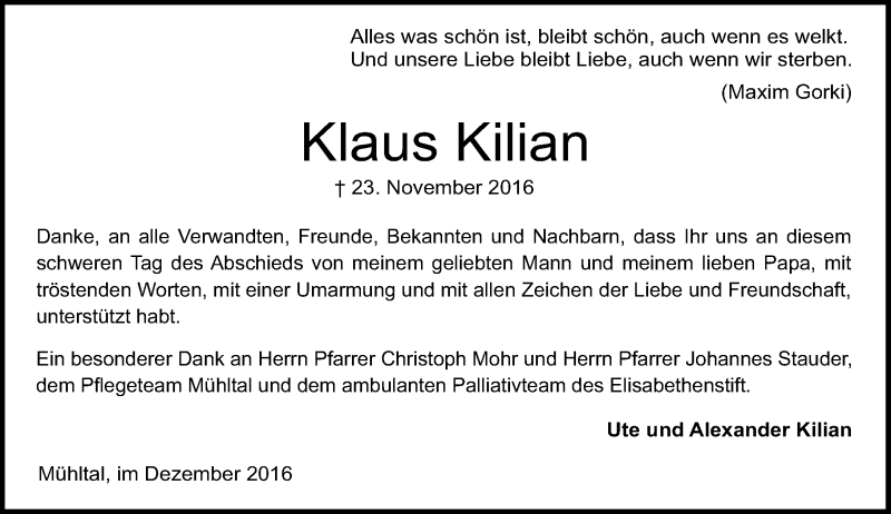 Traueranzeige für Klaus Kilian vom 10.12.2016 aus Trauerportal Echo Online