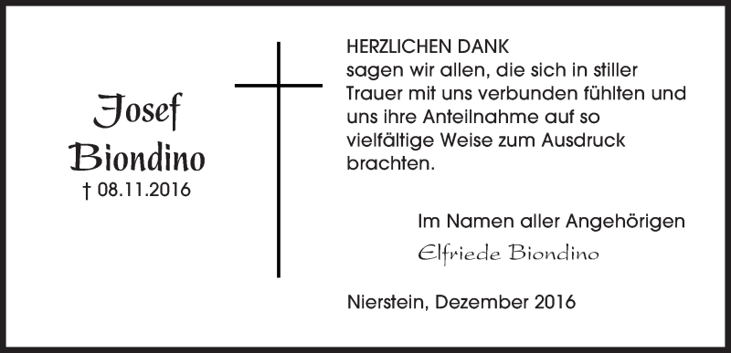  Traueranzeige für Josef Biondino vom 15.12.2016 aus Trauerportal Rhein Main Presse