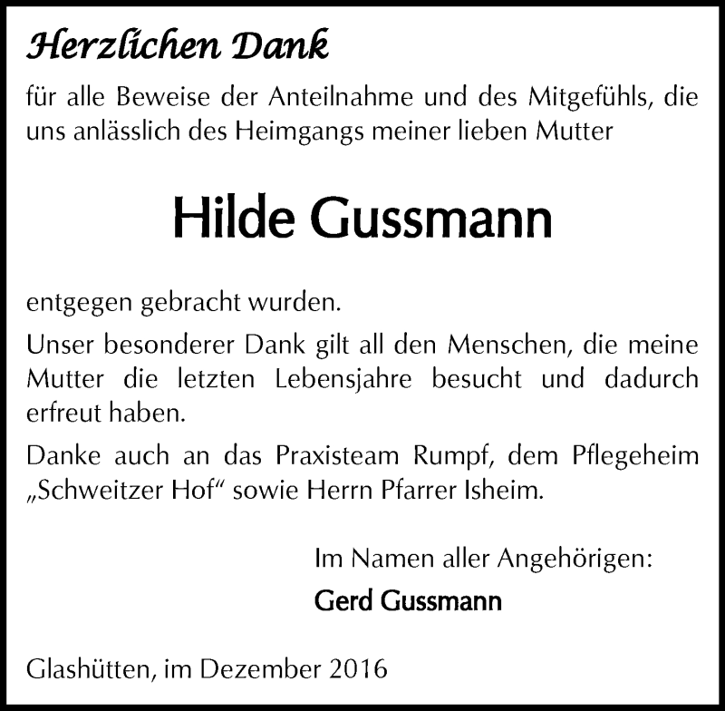  Traueranzeige für Hilde Gussmann vom 24.12.2016 aus  Kreisanzeiger