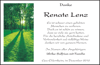 Traueranzeige von Renate Lenz von Trauerportal Rhein Main Presse