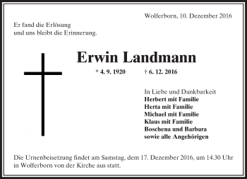Traueranzeige von Erwin Landmann von  Kreisanzeiger