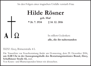 Traueranzeige von Hilde Rösner von Trauerportal Rhein Main Presse