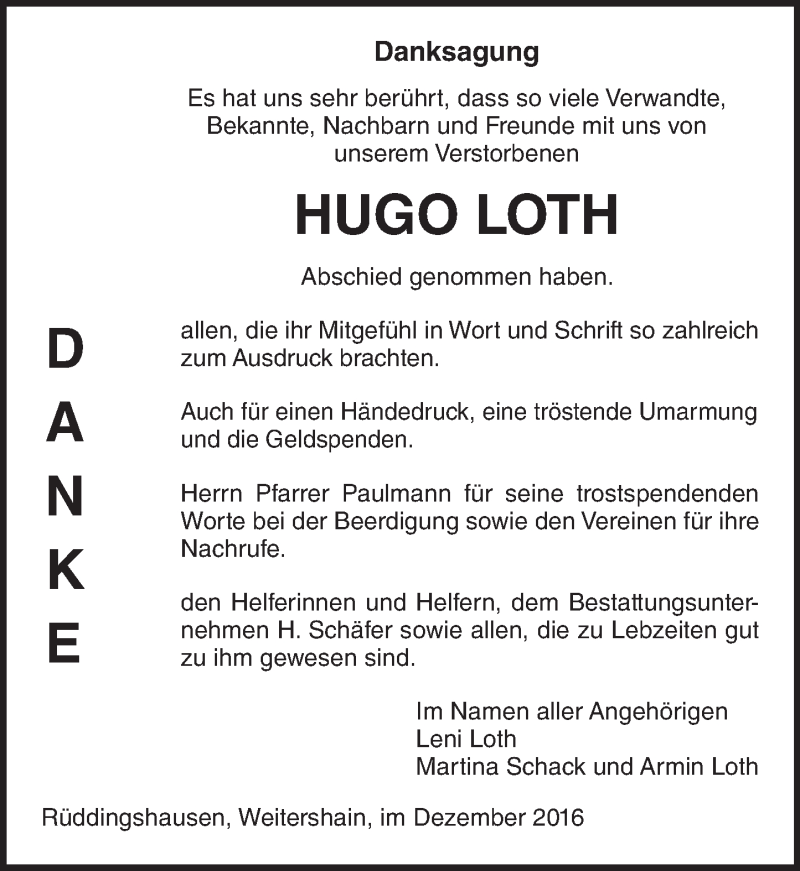  Traueranzeige für Hugo Loth vom 17.12.2016 aus  Gießener Anzeiger