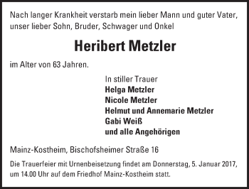 Traueranzeige von Heribert Metzler von Trauerportal Rhein Main Presse