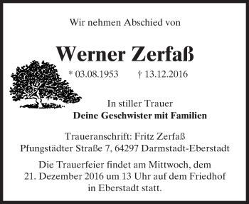 Traueranzeige von Werner Zerfaß von Trauerportal Echo Online