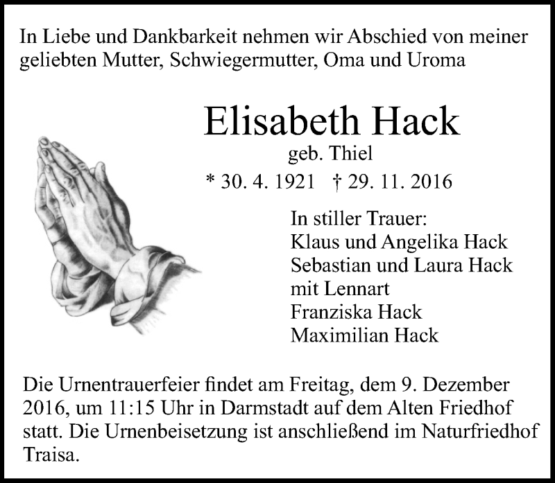  Traueranzeige für Elisabeth Hack vom 03.12.2016 aus Trauerportal Echo Online