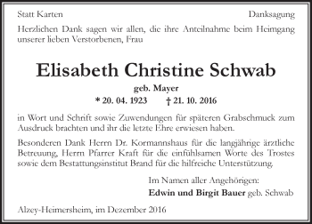 Traueranzeige von Elisabeth Christine Schwab von Trauerportal Rhein Main Presse