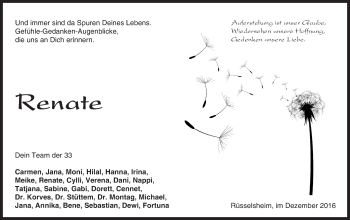 Traueranzeige von Renate  von Trauerportal Rhein Main Presse