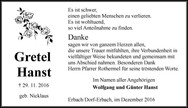  Traueranzeige für Gretel Hanst vom 24.12.2016 aus Trauerportal Echo Online
