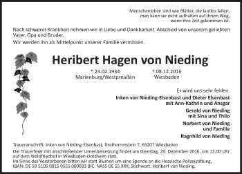 Traueranzeige von Heribert Hagen von Nieding von Trauerportal Rhein Main Presse