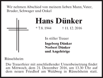 Traueranzeige von Hans Dünker von Trauerportal Rhein Main Presse