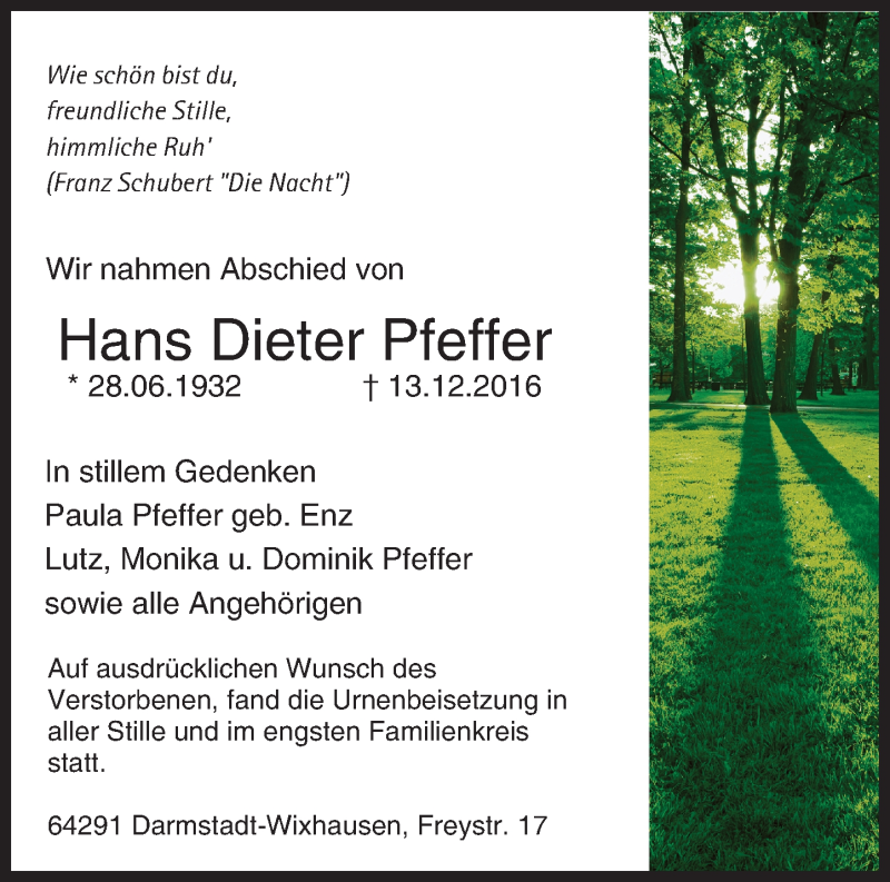  Traueranzeige für Hans Dieter Pfeffer vom 24.12.2016 aus Trauerportal Echo Online