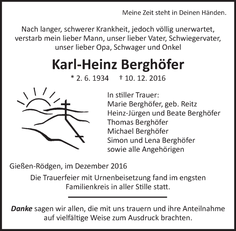  Traueranzeige für Karl-Heinz Berghöfer vom 31.12.2016 aus  Gießener Anzeiger