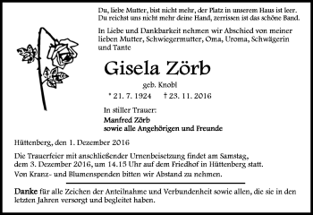 Traueranzeige von Gisela Zörb von  Gießener Anzeiger