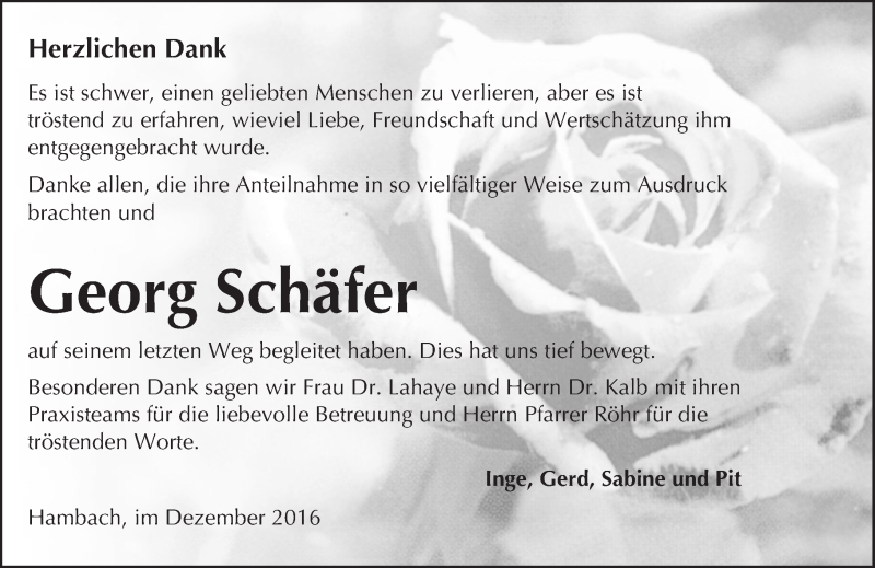  Traueranzeige für Georg Schäfer vom 23.12.2016 aus Trauerportal Echo Online