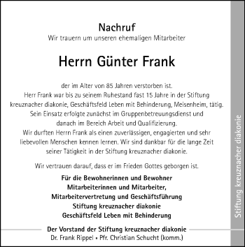 Traueranzeige von Günter Frank von Trauerportal Rhein Main Presse