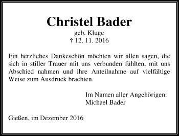 Traueranzeige von Christel Bader von  Gießener Anzeiger
