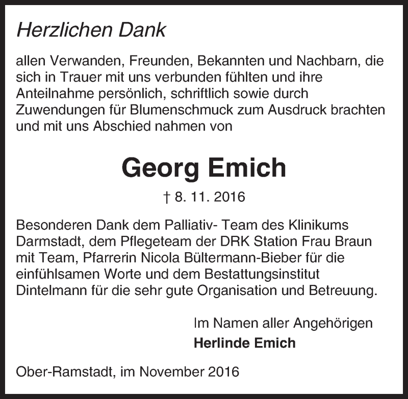  Traueranzeige für Georg Emich vom 03.12.2016 aus Trauerportal Echo Online