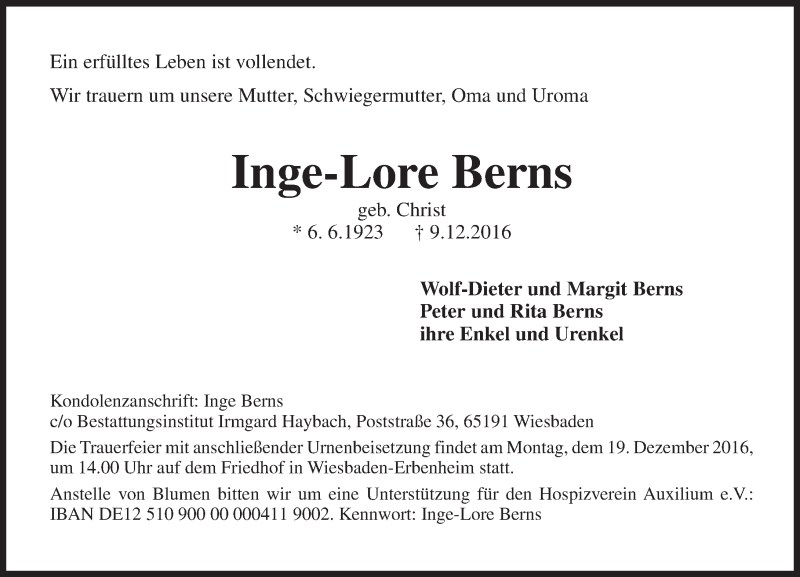  Traueranzeige für Inge-Lore Berns vom 14.12.2016 aus Trauerportal Rhein Main Presse