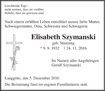 Traueranzeige von Elisabeth Szymanski von  Gießener Anzeiger