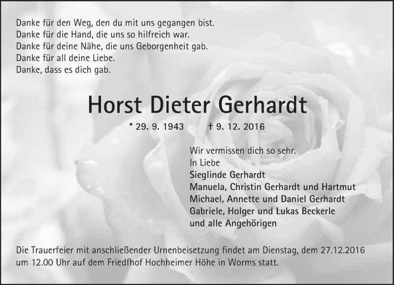  Traueranzeige für Horst Dieter Gerhardt vom 23.12.2016 aus Trauerportal Rhein Main Presse