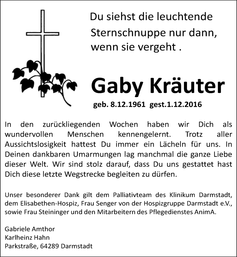  Traueranzeige für Gaby Kräuter vom 10.12.2016 aus Trauerportal Echo Online