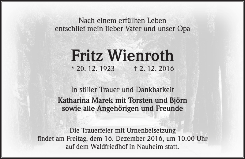  Traueranzeige für Fritz Wienrotte vom 13.12.2016 aus Trauerportal Echo Online