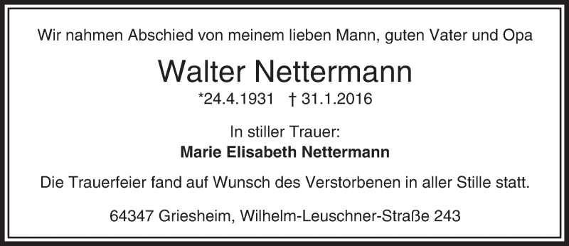  Traueranzeige für Walter Nettermann vom 13.02.2016 aus trauer.echo-online.de