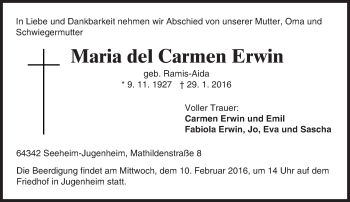 Traueranzeige von Maria del Carmen Erwin von trauer.echo-online.de
