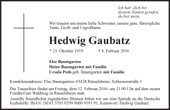 Traueranzeige von Hedwig Gaubatz von trauer.echo-online.de