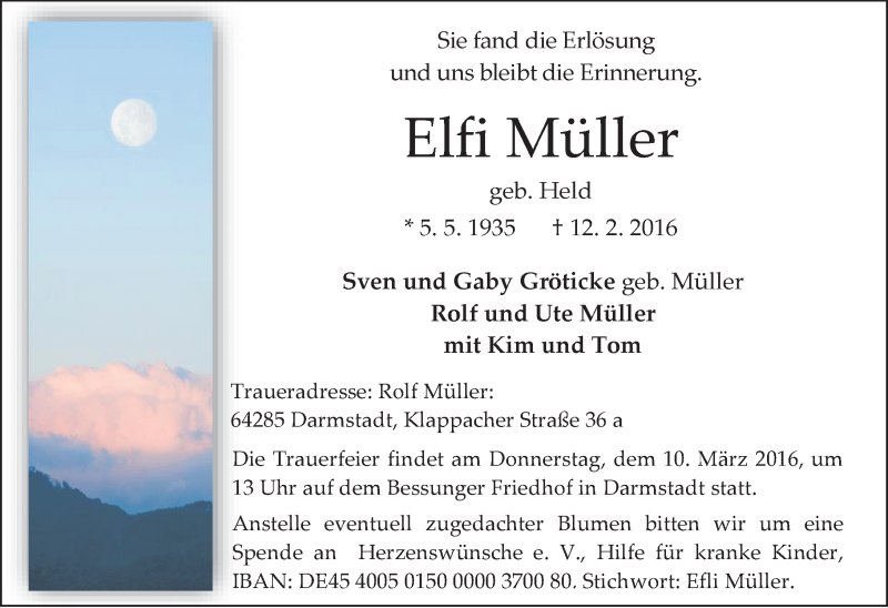  Traueranzeige für Elfi Müller vom 20.02.2016 aus trauer.echo-online.de