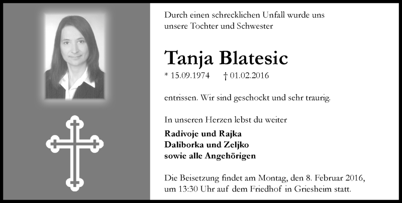  Traueranzeige für Tanja Blatesic vom 06.02.2016 aus trauer.echo-online.de