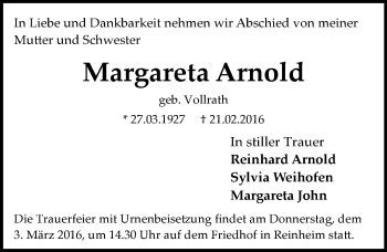 Traueranzeige von Margareta Arnold von trauer.echo-online.de