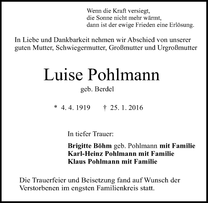  Traueranzeige für Luise Pohlmann vom 06.02.2016 aus trauer.echo-online.de