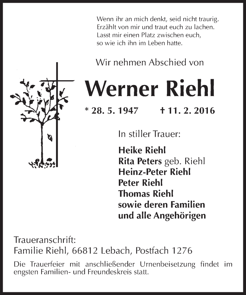  Traueranzeige für Werner Riehl vom 24.02.2016 aus trauer.echo-online.de