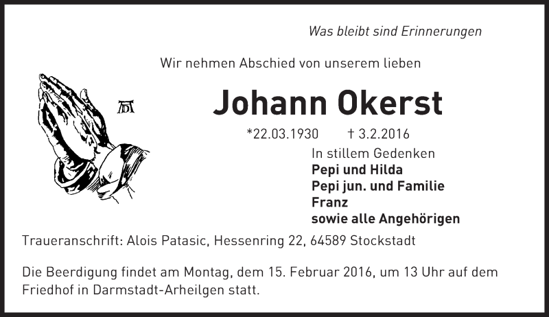  Traueranzeige für Johann Okerst vom 10.02.2016 aus trauer.echo-online.de
