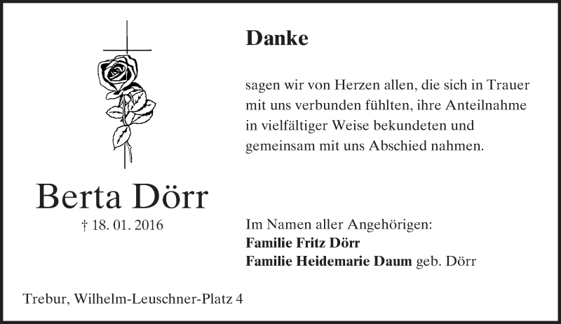  Traueranzeige für Berta Dörr vom 13.02.2016 aus trauer.echo-online.de