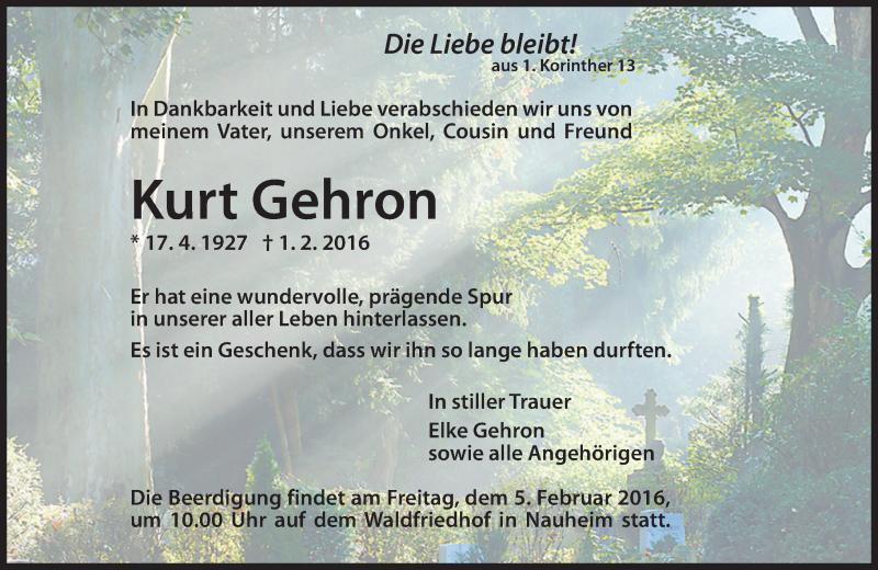  Traueranzeige für Kurt Gehron vom 03.02.2016 aus trauer.echo-online.de