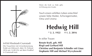 Traueranzeige von Hedwig Hill von trauer.echo-online.de
