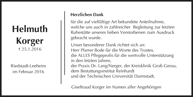  Traueranzeige für Helmuth Korger vom 13.02.2016 aus trauer.echo-online.de