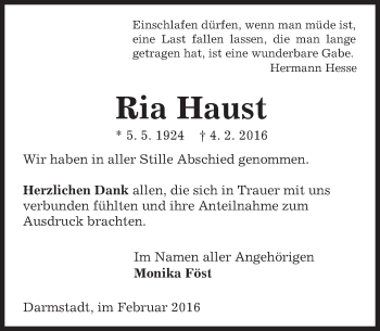 Traueranzeige von Ria Haust von trauer.echo-online.de