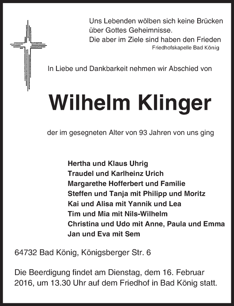  Traueranzeige für Wilhelm Klinger vom 12.02.2016 aus trauer.echo-online.de